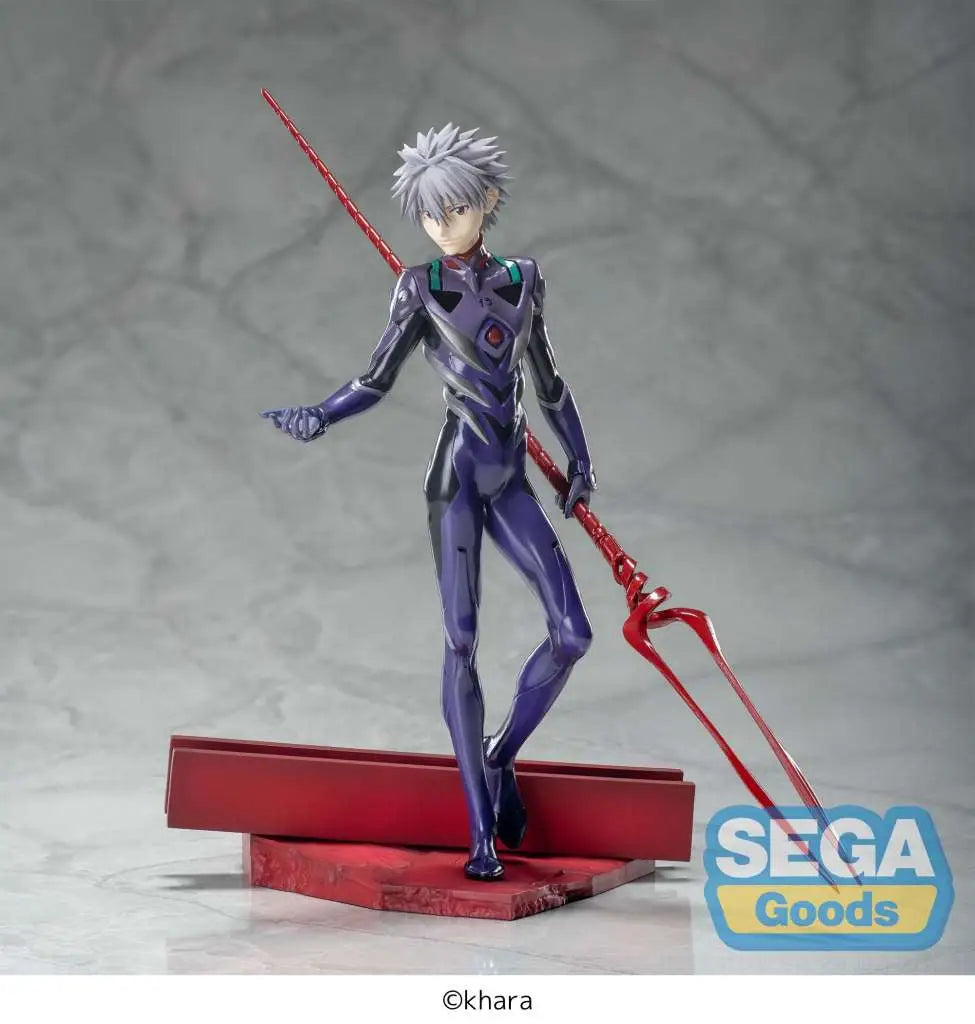 The SEGA Goods Evangelion: 3.0+1.0 Thrice Upon a Time Kaworu Nagisa (Spear of Longinus) Luminasta figure shows the silver-haired character in a purple bodysuit with the spear, standing on a red base with the SEGA logo at bottom right.