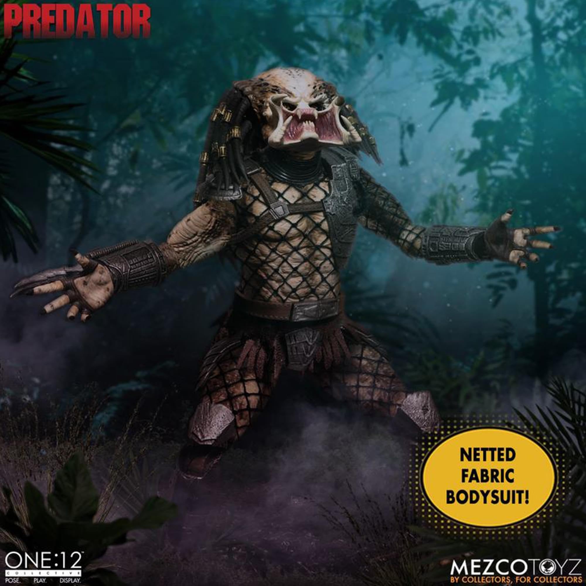 Predator action figure with 'Netted Fabric Bodysuit' feature, set against a jungle background.