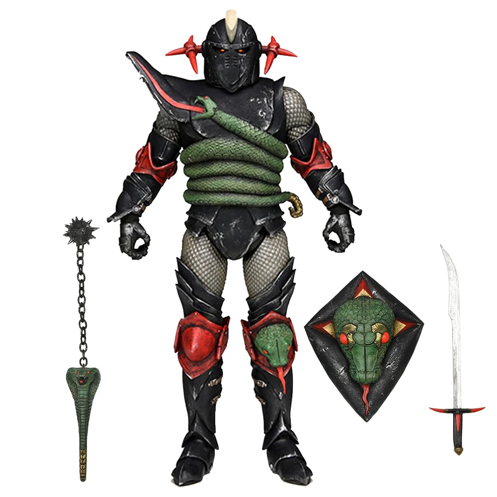 The NECA Dungeons & Dragons Ultimate Grimsword Action Figure (7 inch) features black and red armor, horned helmet, snake torso detail, and comes with a serpent shield, sword, and mace—ideal for fantasy collectible fans.