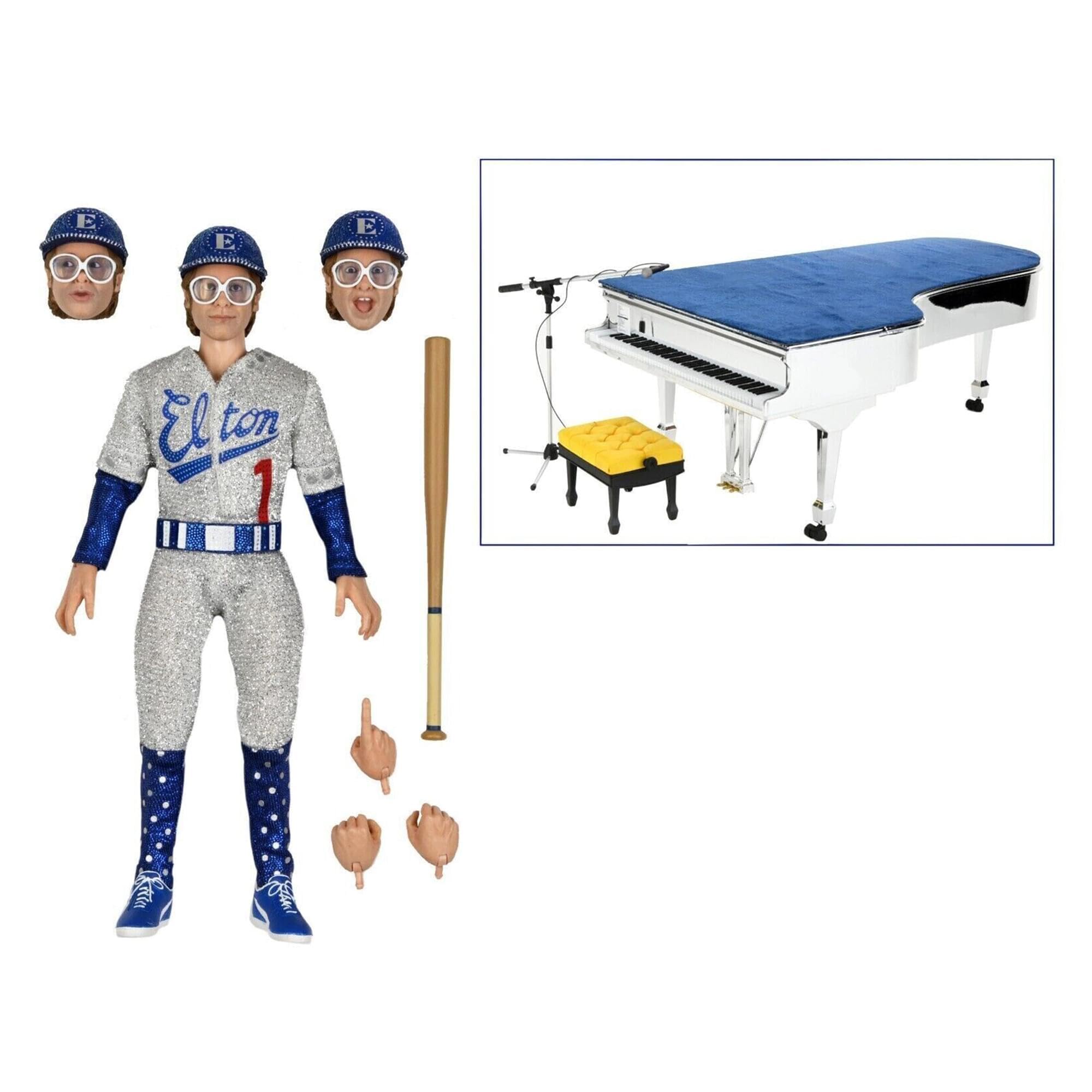 The NECA Elton John Live in 1975 Clothed Action Figure (8 inch) features three interchangeable heads, four hands, a bat, white grand piano setup, and comes with jersey, blue cap, glasses, and boots—capturing his iconic Dodger Stadium look.