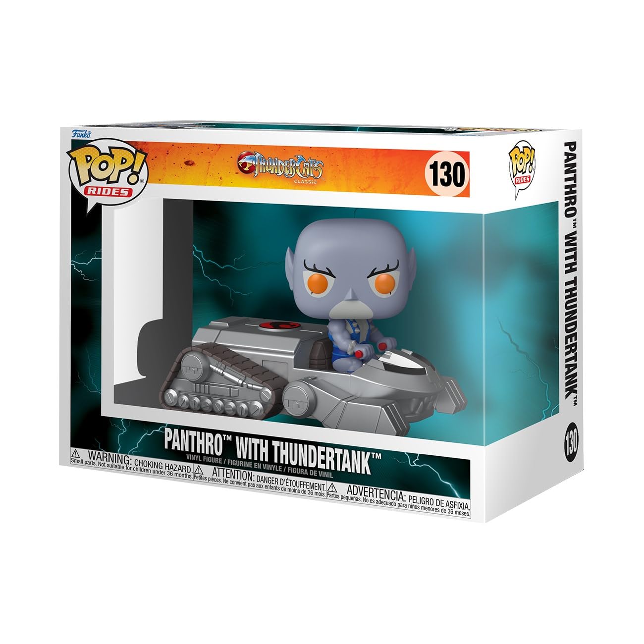 Funko Pop! Rides: ThunderCats Panthro with ThunderTank Vinyl Figure by Funko, displayed in a branded box labeled "PANTHRO WITH THUNDERTANK" and numbered 130, featuring Panthro driving the iconic ThunderTank.