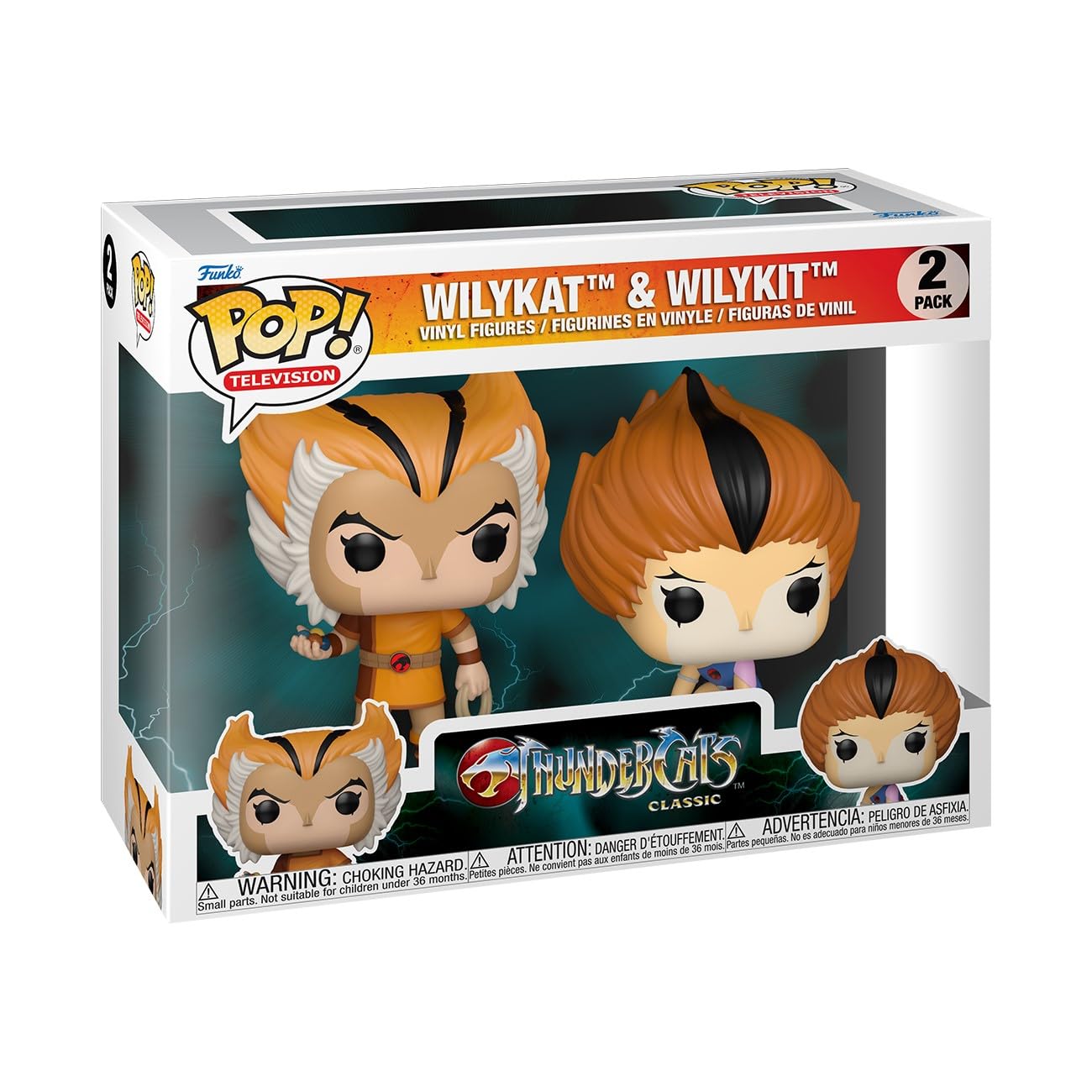The Funko POP! Animation: ThunderCats Wilykat & Wilykit Vinyl Figure 2-Pack by Funko features both characters in vibrant, collectible packaging with classic cartoon-inspired designs.