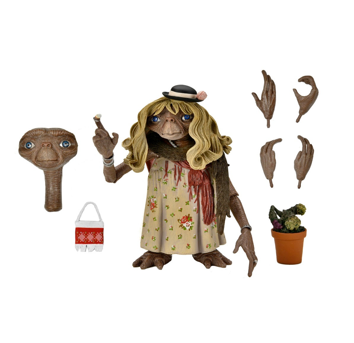 The NECA E.T. The Extra-Terrestrial 40th Anniversary Dress-Up Ultimate 7" Figure features E.T. in a floral dress, shawl, hat, and wig, plus interchangeable hands and head, red-and-white bag, and potted plant accessory.