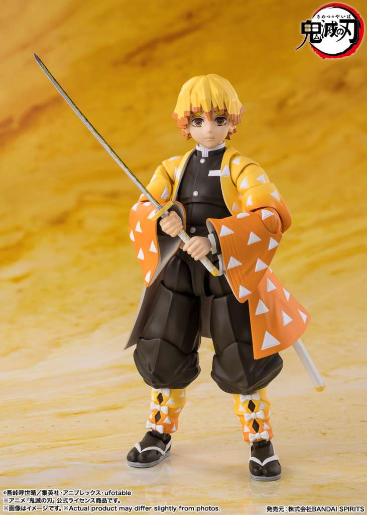 The Bandai Tamashii Nations S.H. Figuarts Demon Slayer Zenitsu Agatsuma 14cm action figure features Zenitsu posed with his sword, wearing his yellow-orange haori and uniform, ready for Thunderclap and Flash.