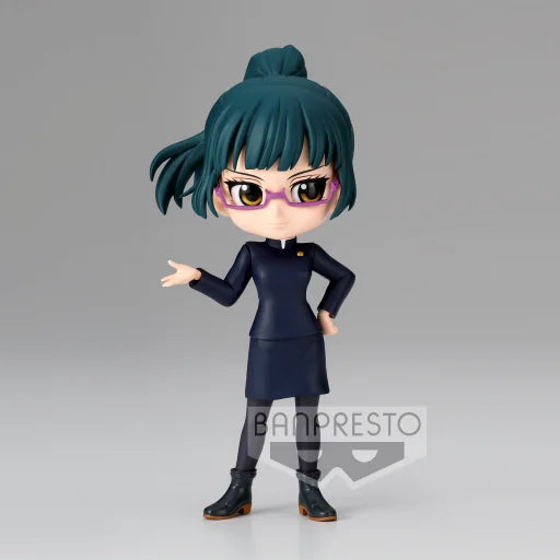 Banpresto Jujutsu Kaisen: Maki Zenin (Ver. A) – Q Posket chibi figure features Maki with teal ponytail, glasses, navy outfit, and black shoes in a confident pose. Banpresto branding at the base.