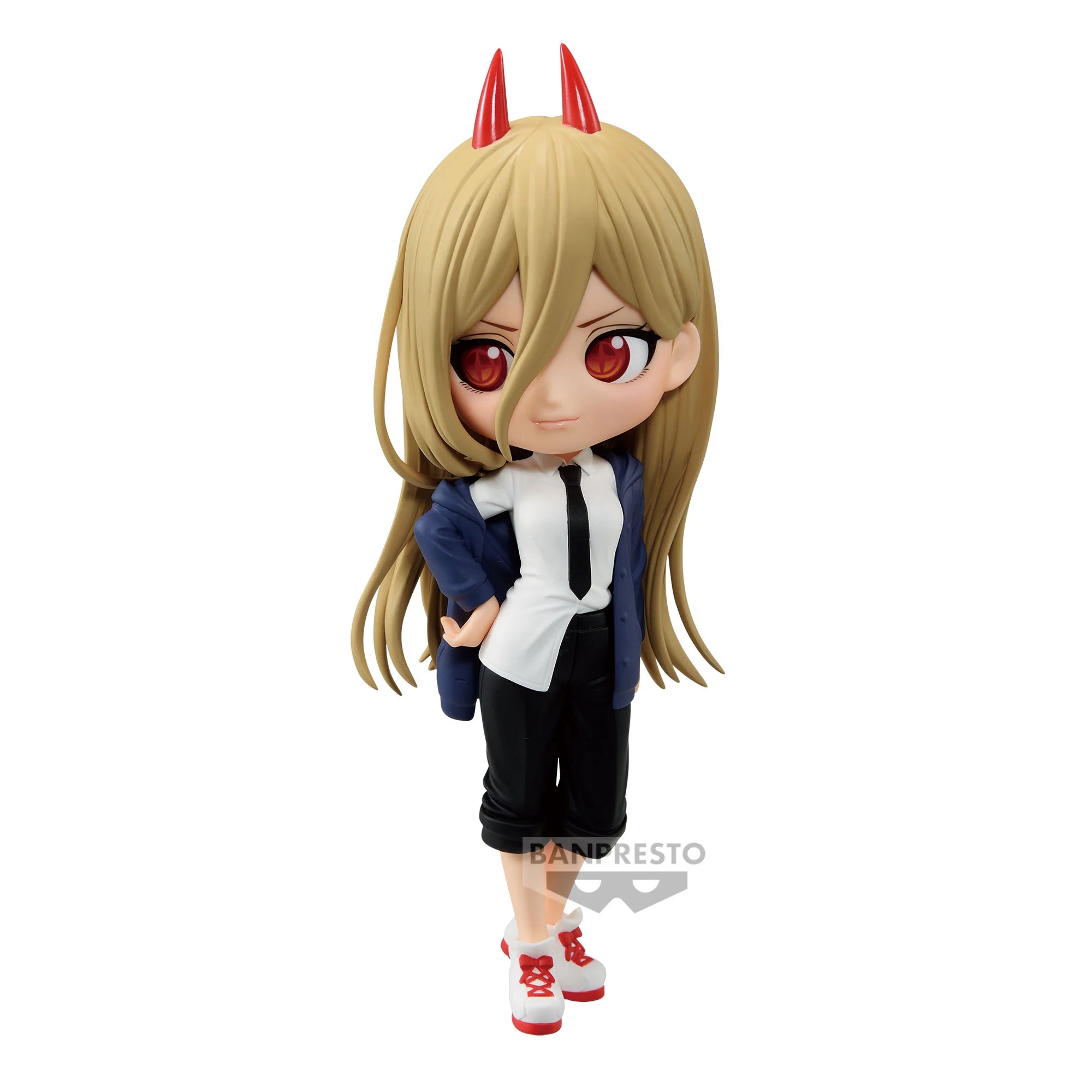 The Banpresto Chainsaw Man: Power – Q Posket is a chibi figure of Power, featuring long blonde hair, red horns, red eyes, a blue jacket, white shirt, black tie and pants, plus red sneakers—posed with one hand in her pocket.