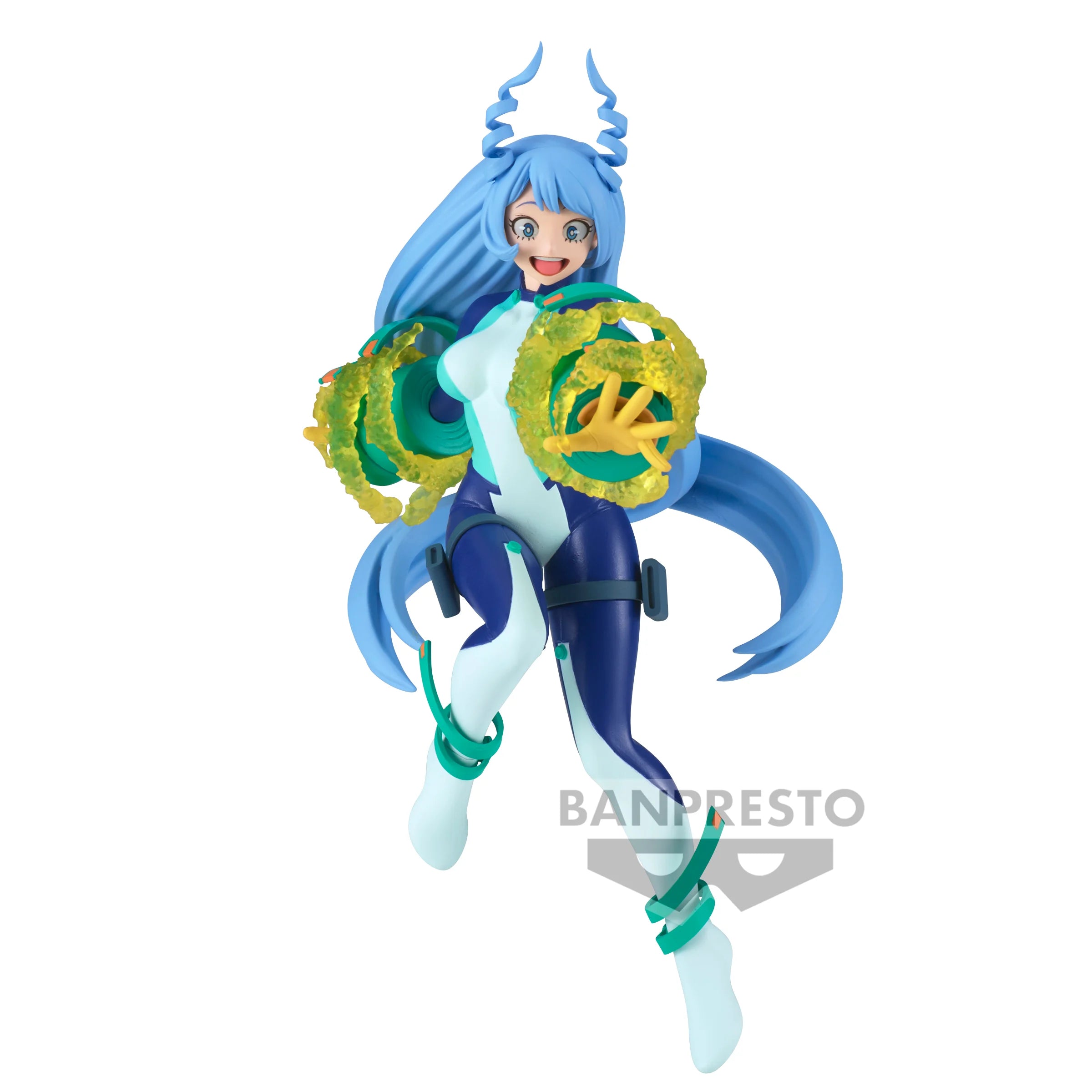 Banpresto My Hero Academia: Nejire Hado – The Amazing Heroes figure features an anime-style design with long blue hair, horn-like antennae, teal/navy bodysuit, energy effects around her fists, and a joyful expression in a dynamic pose.