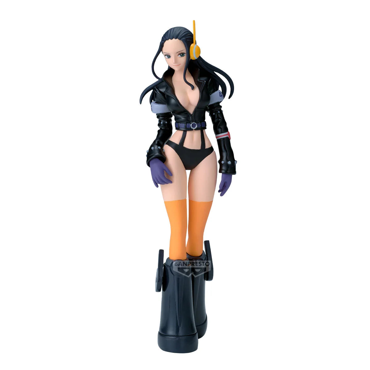 Banpresto One Piece: Nico Robin – The Shukko is a stylized figure featuring long black hair, a black jacket and bikini, orange thigh-high stockings, black gloves, large boots, and a yellow earpiece on her left ear.