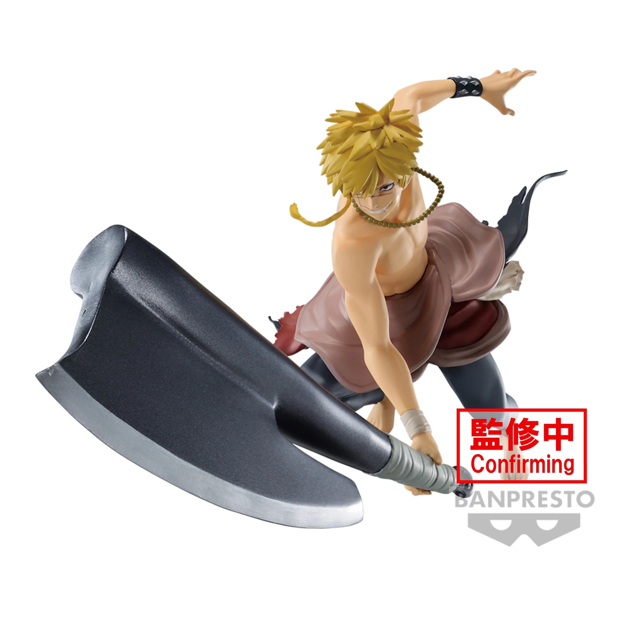 Banpresto Hell’s Paradise: Aza Chobe – Vibration Stars action figure depicts the Bandit King shirtless, blonde, wielding a battle axe, in red pants and black armband. “Confirming” label and Banpresto logo are in the lower right corner.