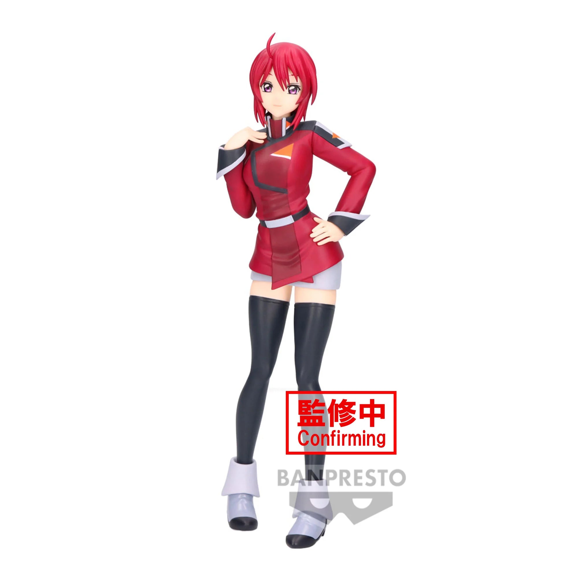 Banpresto Mobile Suit Gundam SEED Freedom: Lunamaria Hawke – 19cm Figure features the character in her red and black uniform with red hair, thigh-high black stockings, and gray boots. “Banpresto” and “Confirming” text appear on the image.