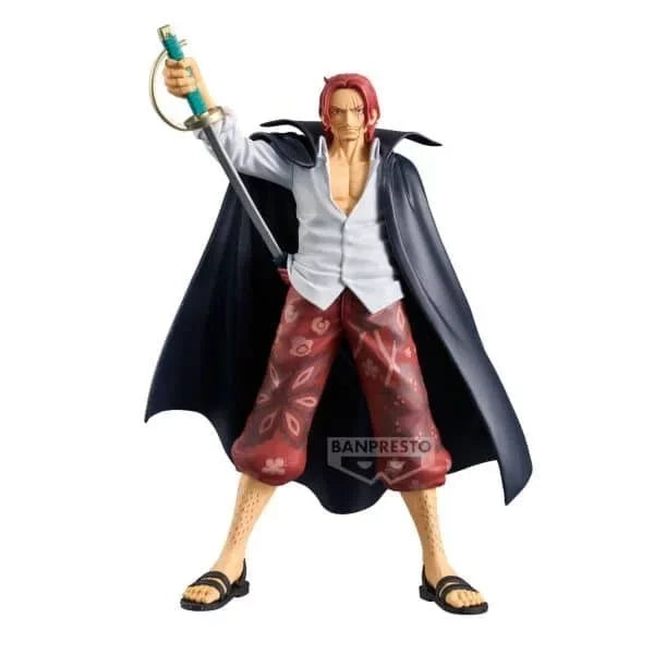 The Banpresto One Piece: Shanks – DXF-The Grandline Series-Extra figure depicts the red-haired character in floral red pants, white shirt, black cape, and sandals, confidently holding a sword upright with a BANPRESTO watermark.