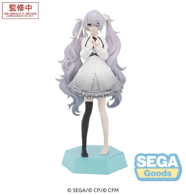 The SEGA Sega Desktop x Decorate: Hatsune Miku: Colorful Stage! Empty Sekai Version figure features Miku with long lavender hair, a white ruffled dress, one black stocking, and stands on a light blue hexagonal base. SEGA logo in the corner.