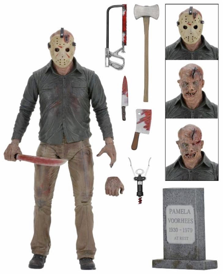 NECA Friday the 13th Part IV: The Final Chapter Jason Voorhees Ultimate 7" Action Figure, includes interchangeable heads, extra hand, axe, knife, machete, saw, cleaver, tombstone, and his mother's head displayed on a white background.