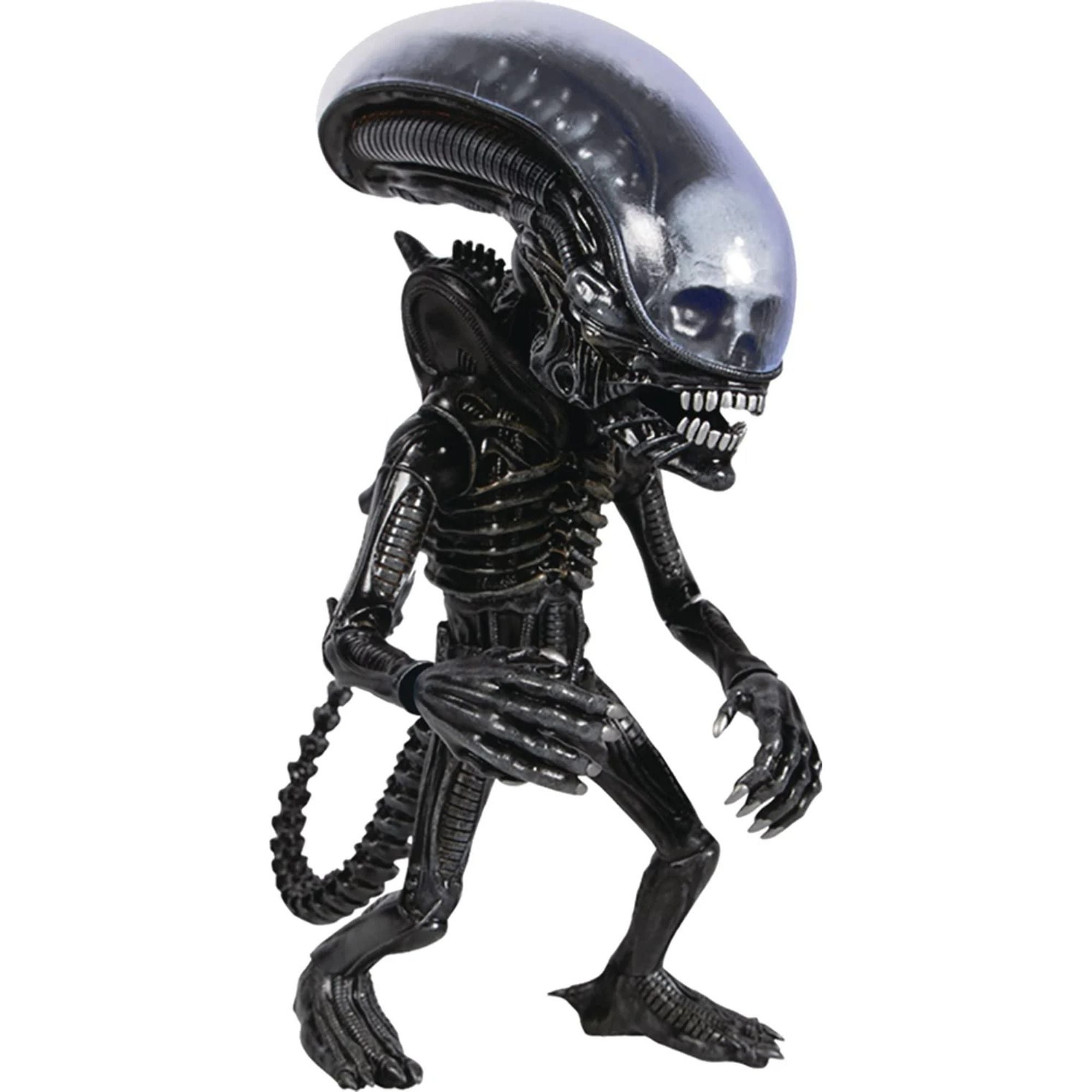 The Mezco Toyz Alien: Xenomorph Mezco Designer Series 6-inch action figure features a black, biomechanical look with an elongated translucent head, sharp teeth, long tail, and claws in a menacing pose.