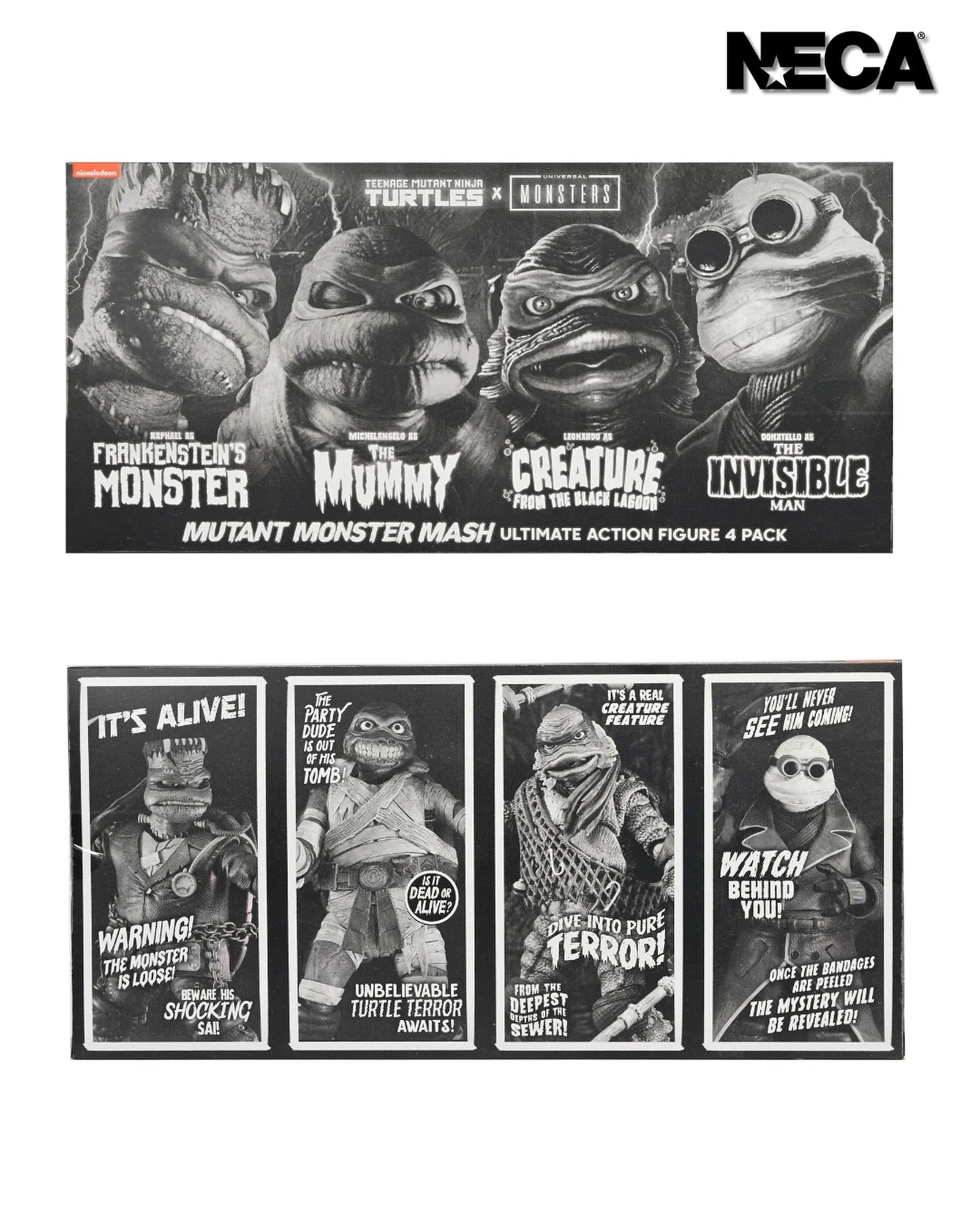 NECA Universal Monsters x Teenage Mutant Ninja Turtles Black & White Action Figure 4-Pack (7 inch)