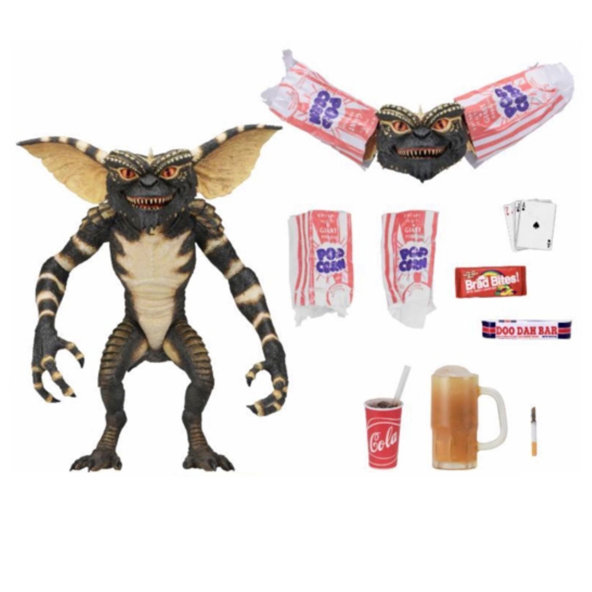 The NECA Gremlins Ultimate 1984 Gremlin Action Figure (7 inch) stands with popcorn bags, soda cup, root beer mug, playing cards, snack bars, cigarette, and includes alternate heads and arms—perfect for any NECA collector.