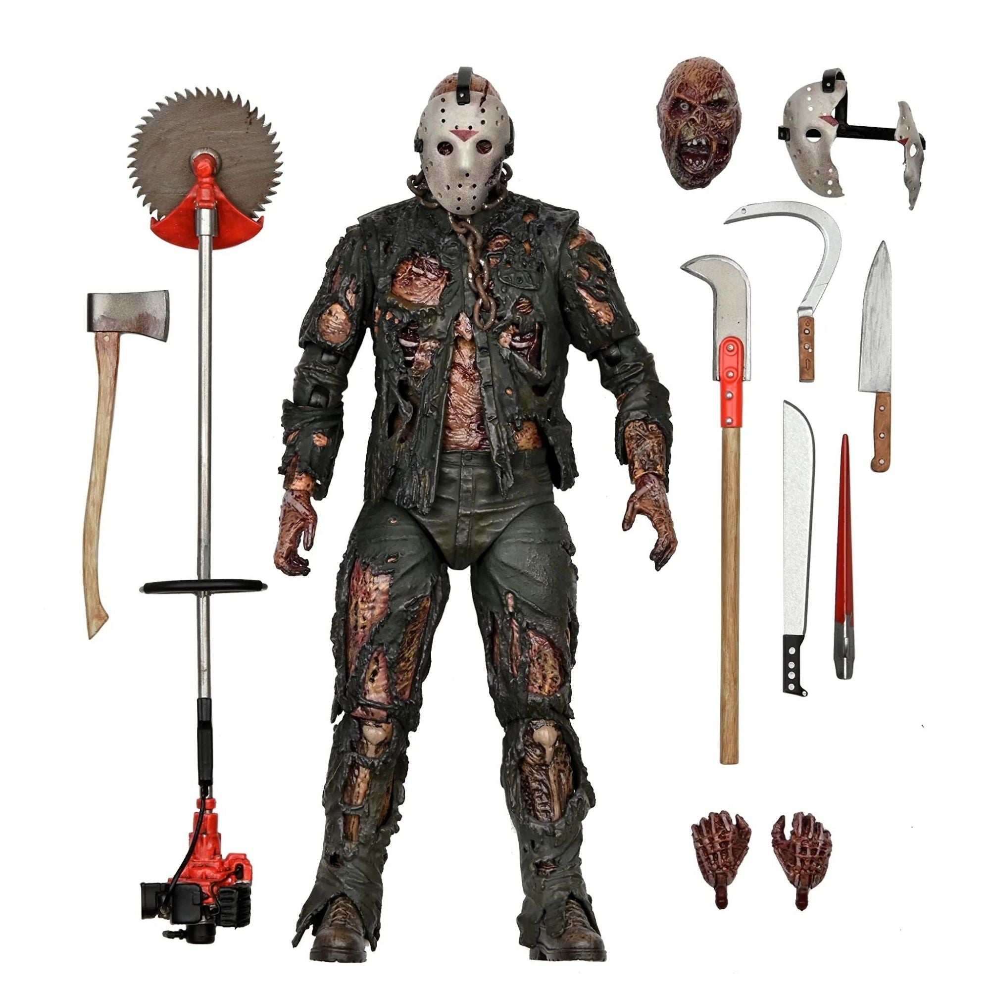 The NECA Friday the 13th Part 7 Ultimate New Blood Jason 7-inch action figure depicts a menacing, zombie-like Jason in tattered clothes, surrounded by weapons, masks, a severed head, and extra hands—a true horror collectible.