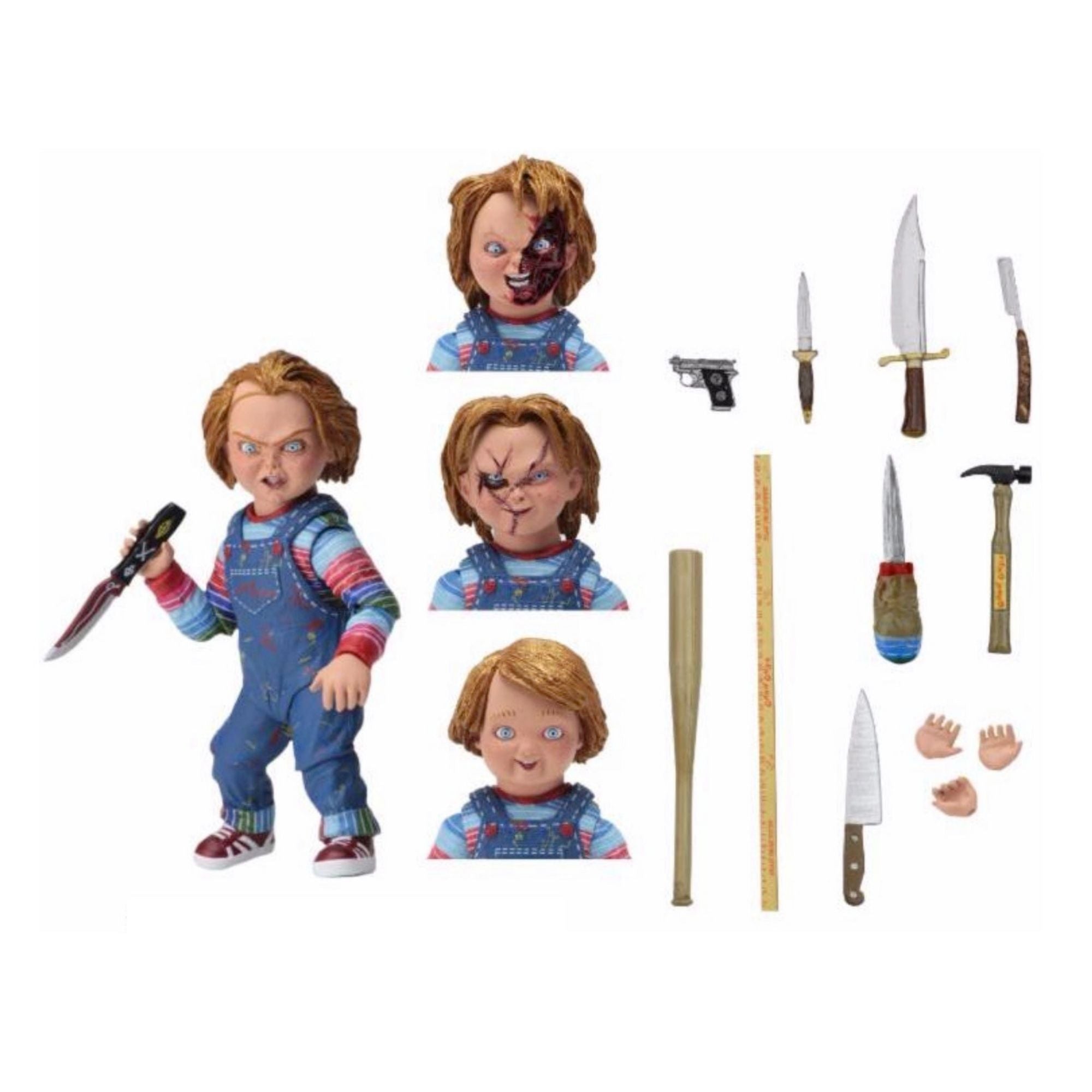 The NECA Child's Play Ultimate Chucky Action Figure (4 inch) by NECA includes four unique heads, multiple weapons (knives, bat, gun, hammer), and extra hands—an essential horror collectible displayed on a white background.