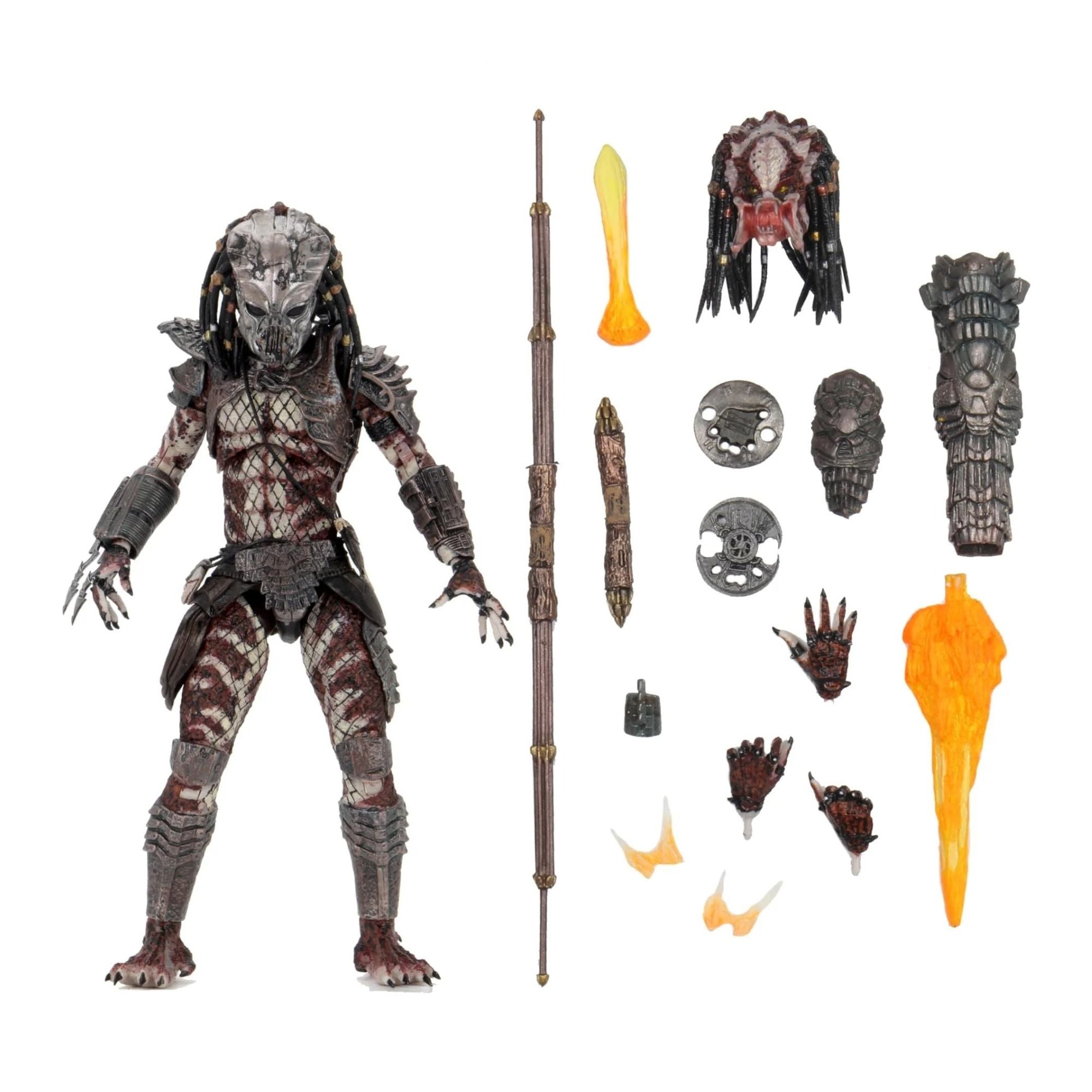 The NECA Predator 2 Ultimate Guardian Predator Action Figure (7 inch) by NECA features detailed armor, weapons, hands, effect parts, and interchangeable headpieces—all displayed on a white background.