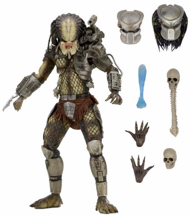 The NECA Predator Jungle Hunter Ultimate Action Figure (7 inch) comes with detailed armor, extra hands, skulls, a spine, a blue tool, netting details, and signature dreadlock-like hair for authentic action-packed display.