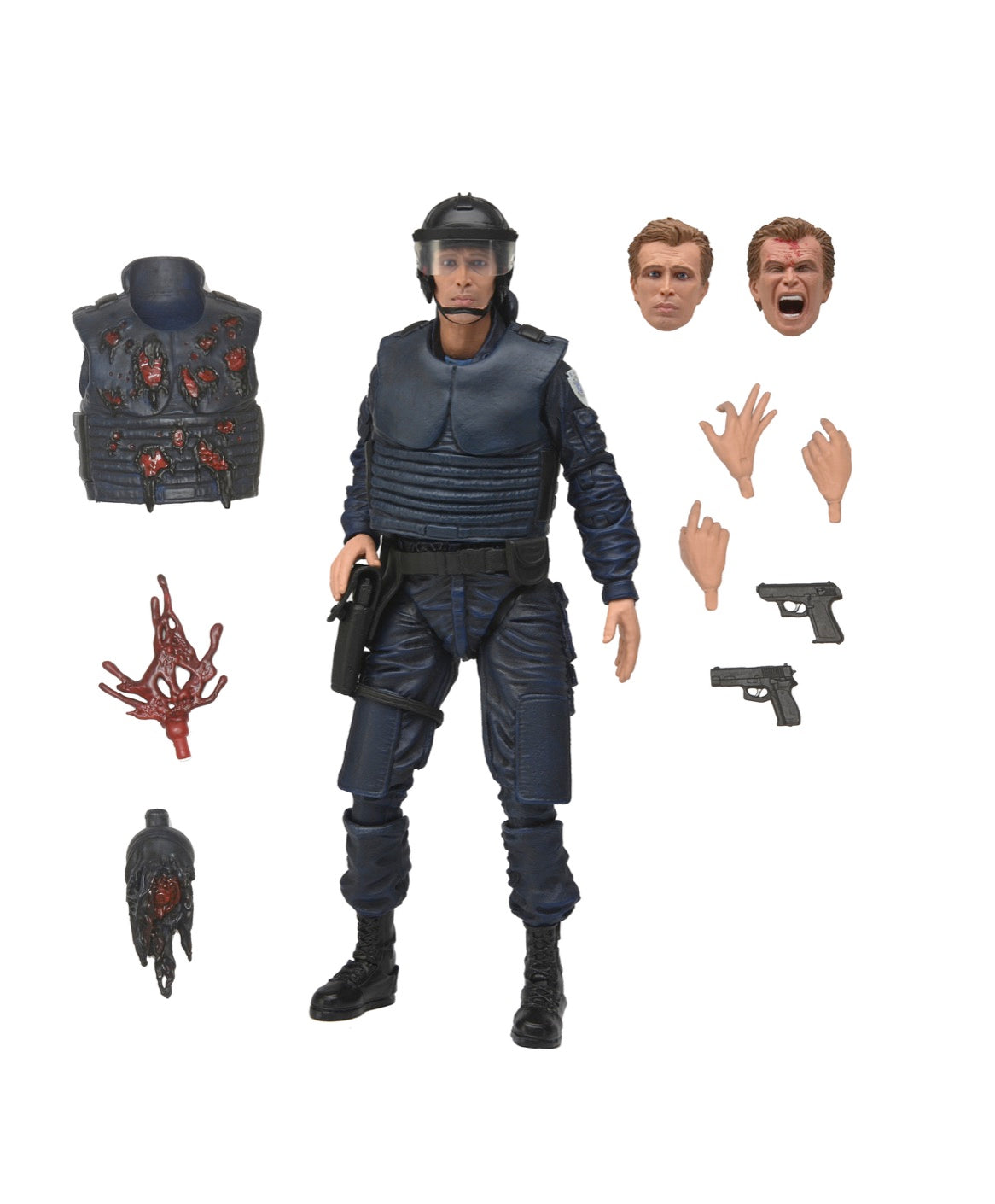The NECA RoboCop Alex Murphy OCP Uniform Ultimate Action Figure (7 inch) features a police officer in OCP uniform with removable helmet, extra heads, interchangeable hands, vest, two pistols, and blood-splattered accessories.
