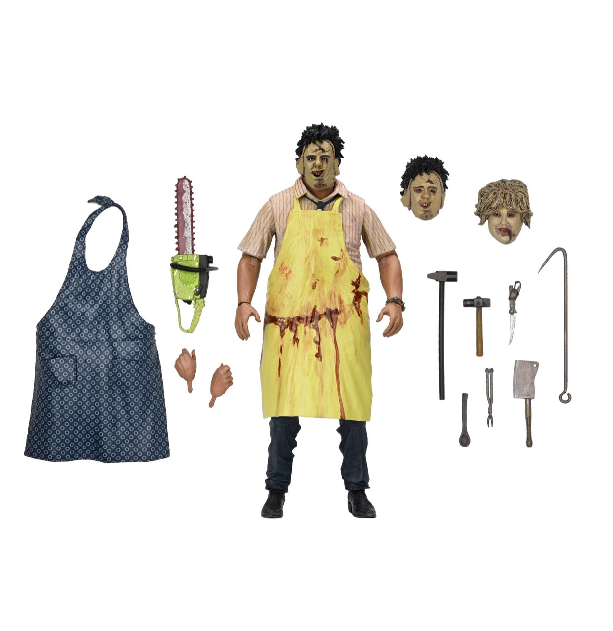 Celebrate horror history with the NECA Texas Chainsaw Massacre 50th Anniversary Leatherface Ultimate 7-inch Action Figure, featuring interchangeable heads, hands, tools, weapons, aprons (yellow and blue), and a chainsaw—perfect for collectors.