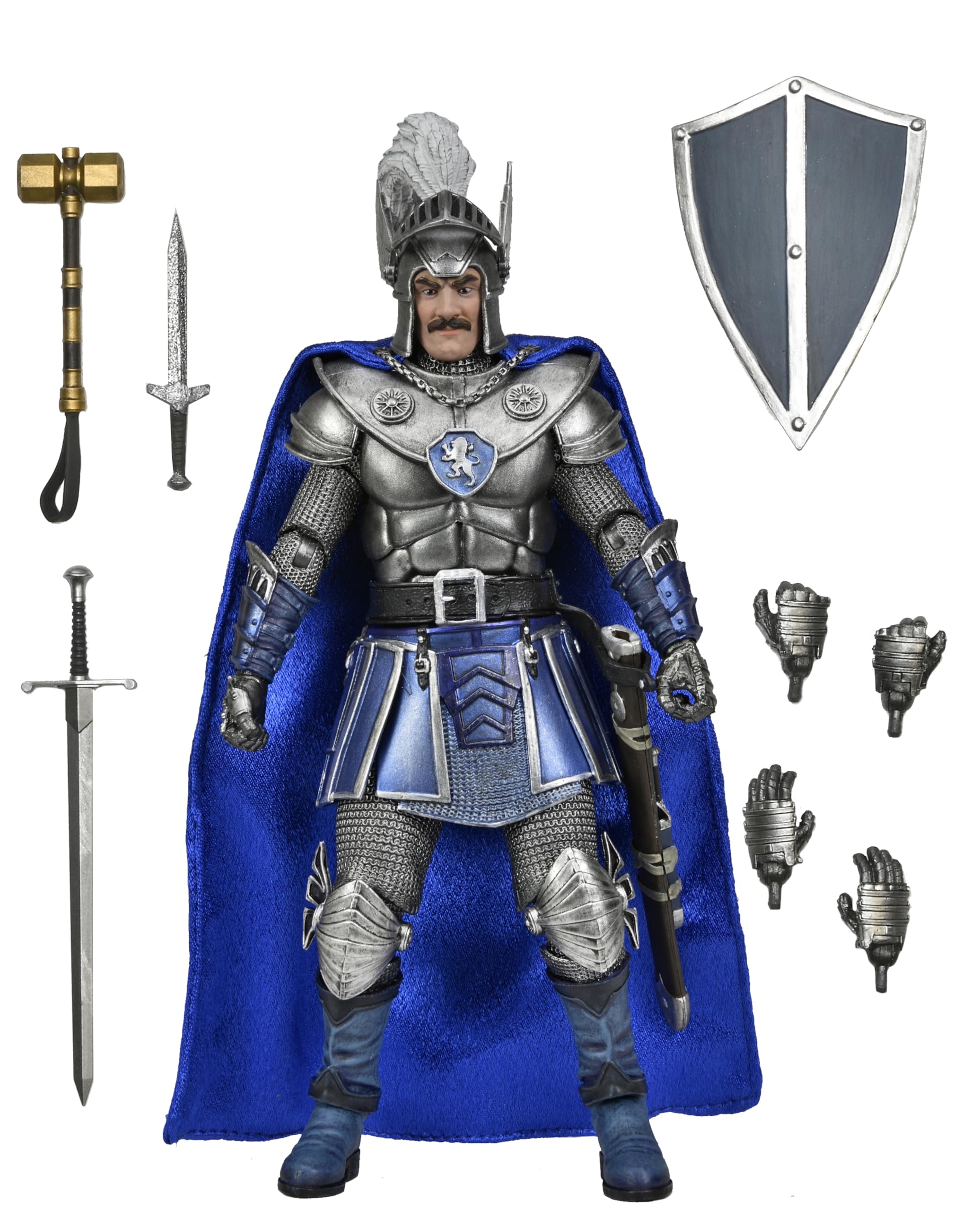 The NECA Dungeons & Dragons Ultimate Strongheart Action Figure (7 inch) features a medieval knight in silver and blue armor with a lion emblem, blue cape, helmet, mustache, weapons, and six interchangeable hands.