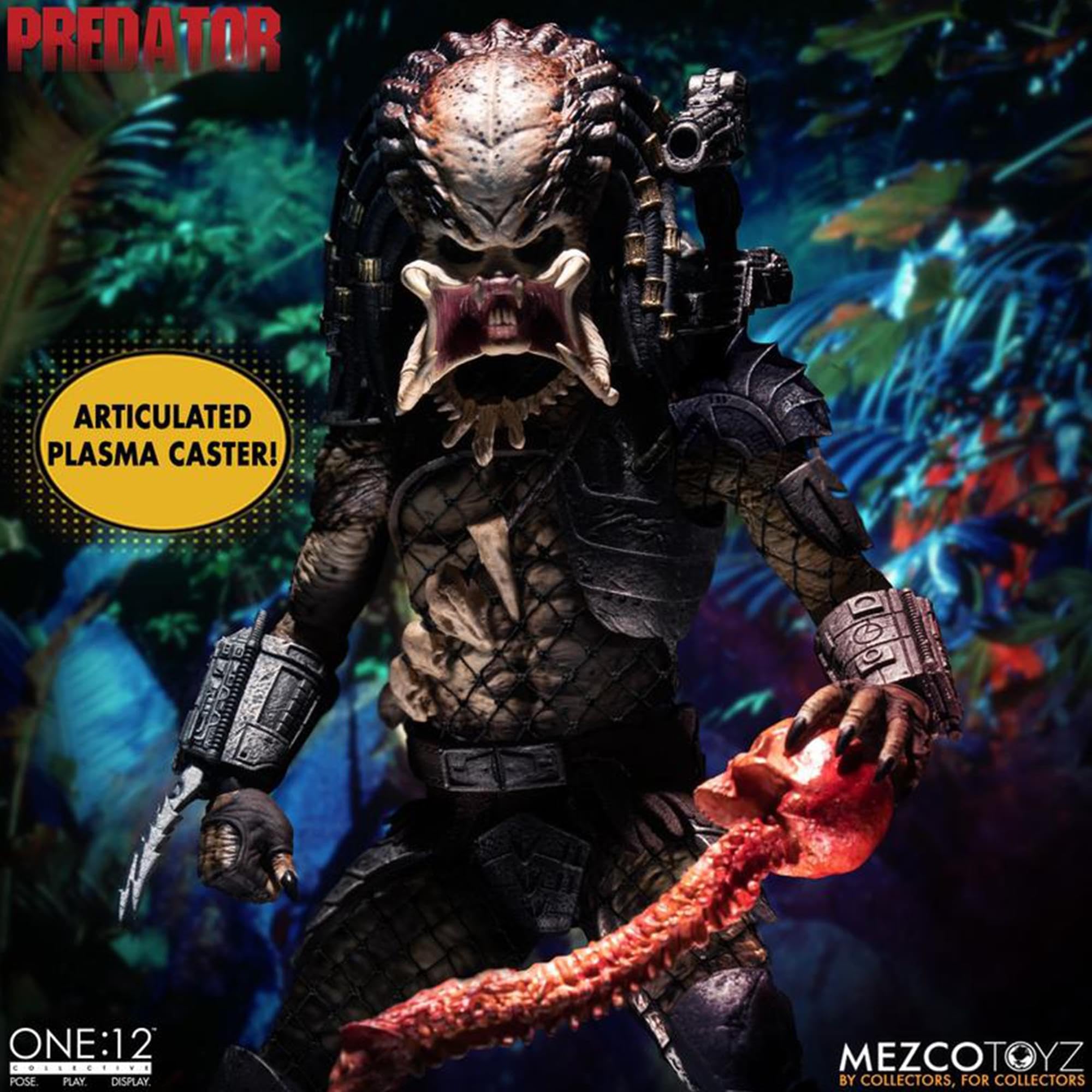 Predator action figure with articulated plasma caster against a colorful background