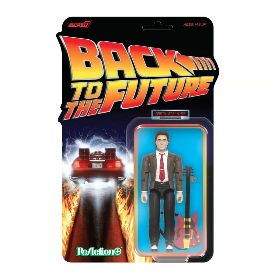 The Super7 Back to the Future: 1955 Marty McFly ReAction+ Wave 1 Figure comes in packaging with the DeLorean and movie logo, and features O-ring style design plus accessories like his guitar and amplifier.