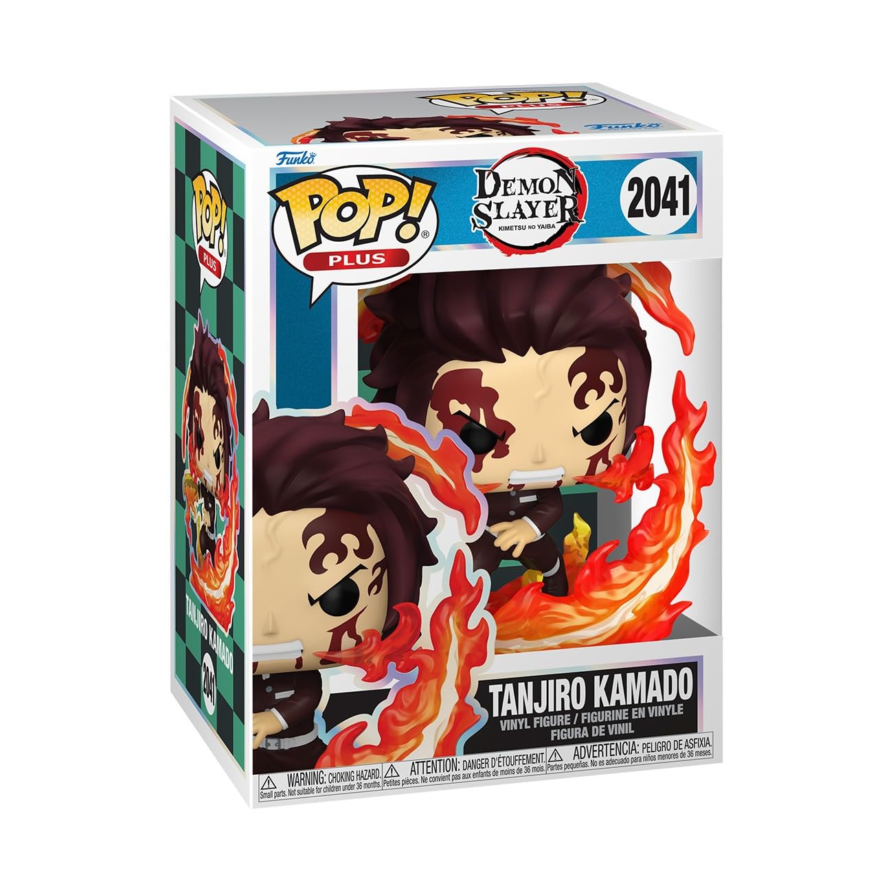 The Funko Pop! Plus: Demon Slayer Tanjiro Kamado (Dancing Flash) Vinyl Figure by Funko is shown boxed, displaying Tanjiro in a Hinokami Kagura pose with his fiery sword. The packaging features the Demon Slayer logo and product number 2041.
