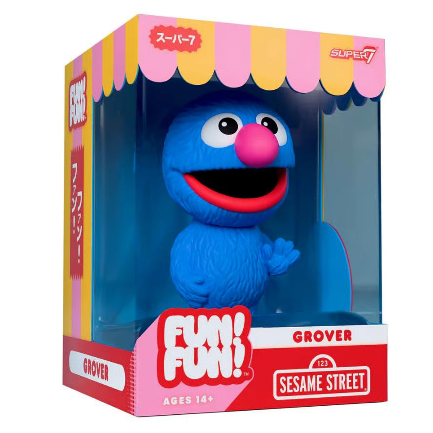 The Super7 FUN! FUN! Sesame Street: Grover Wave 1 5” Figure is a collectible displayed in vibrant, striped canopy packaging with English and Japanese text, featuring the beloved blue monster Grover.