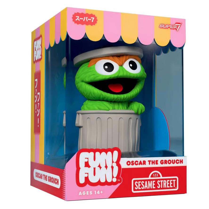 The Super7 Sesame Street: Oscar the Grouch (Wave 1) 5” Figure features Oscar in his garbage can, packaged in a colorful box with FUN! FUN! FUN! and Japanese text—an ideal collectible for any Sesame Street fan.