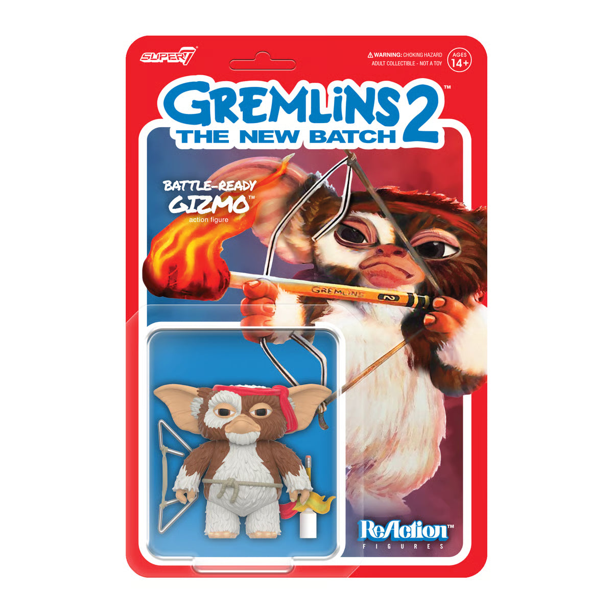 The Super7 Gremlins 2: Gizmo (Battle Ready) ReAction 3.75” Figure features Gizmo in a red bandana with bow and flaming arrow, displayed in themed packaging. A must-have collectible for any Super7 Gremlins fan!.