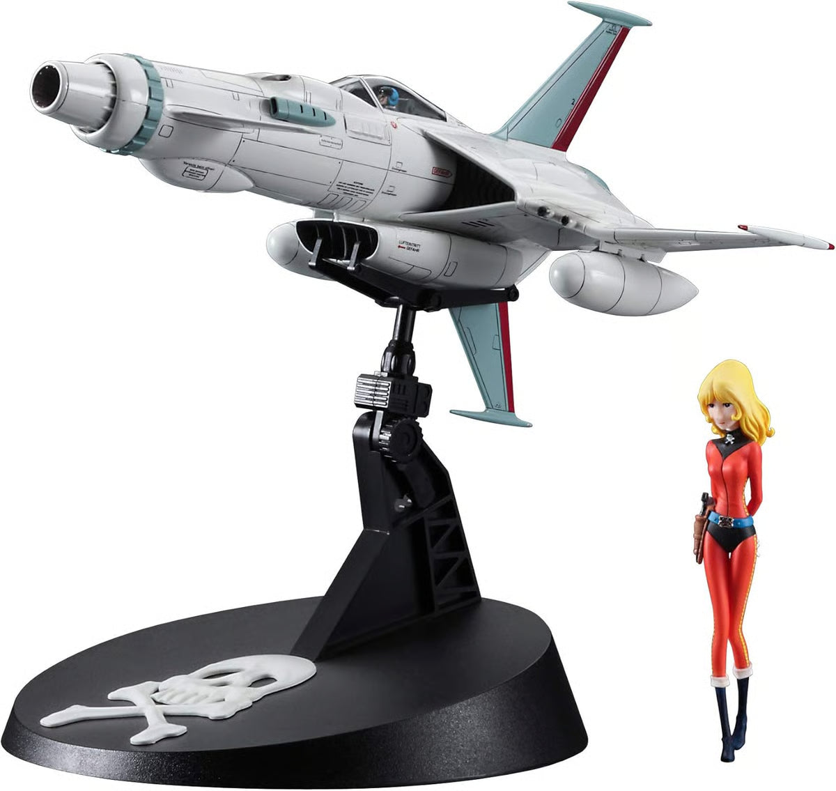 The Hasagawa Space Pirate Captain Harlock: Space Wolf SW-190 (War Against Mazone) 1/72 scale model kit features a futuristic white jet with teal wings on a skull-emblazoned black stand, and includes a blonde woman in a red jumpsuit and brown boots.
