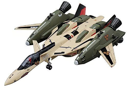 The Hasagawa Macross Frontier: VF-19EF/A Isamu Special 1/72 Scale Model Kit features a tan and green jet with twin engines, sharp angles, and bold markings inspired by ace pilot Isamu Dyson's craft in the series.
