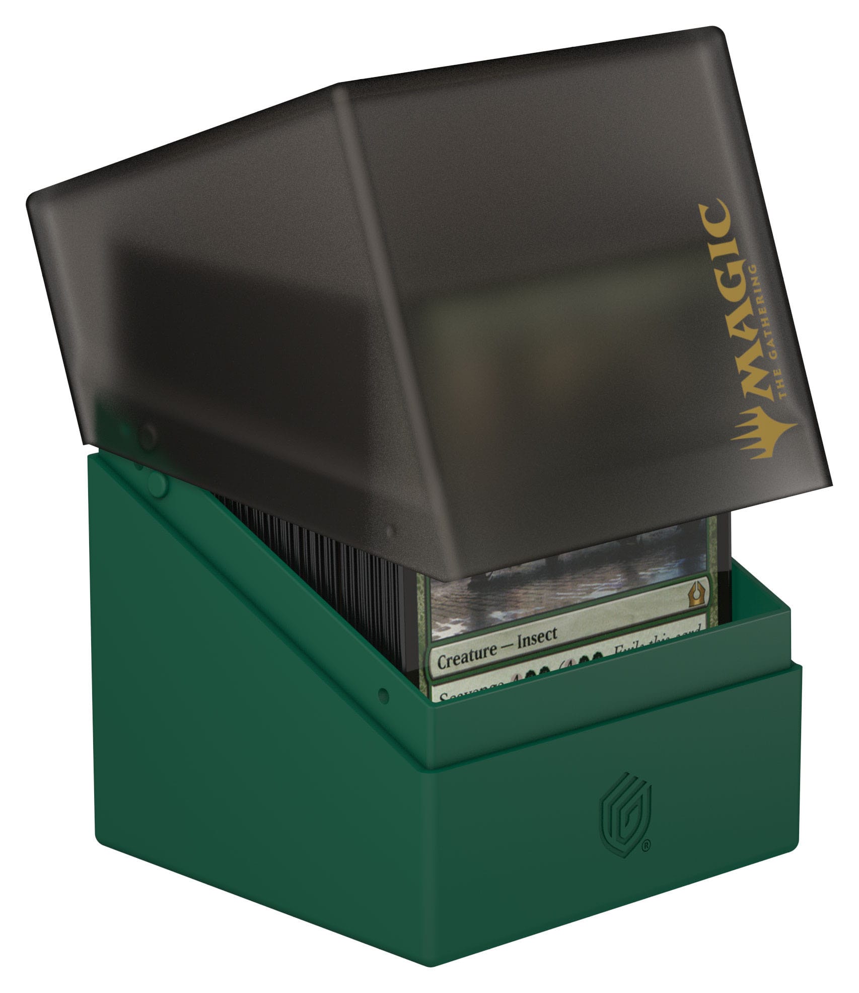 An Ultimate Guard Magic: The Gathering "Guild Summit" – Golgari RTE Boulder 100+ deck box with a translucent black lid, partially open to show a stack of Magic: The Gathering cards. The yellow logo appears on the lid.