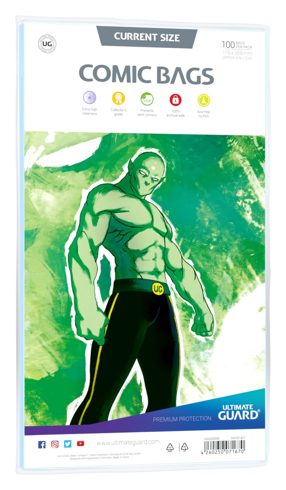 Ultimate Guard Comic Bags: Current Size – Standard (100 Count) by Ultimate Guard feature 100 acid-free sleeves with a green super-powered character in black pants on a green and white package, offering reliable comic book protection.