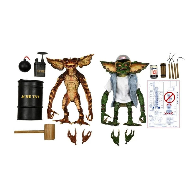 The NECA Gremlins 2: The New Batch Ultimate Demolition Gremlins 7-inch figures come with ACME TNT, a plunger, bomb, mallet, drink can, stick of dynamite, blueprints, and extra hands—all shown on a white background.