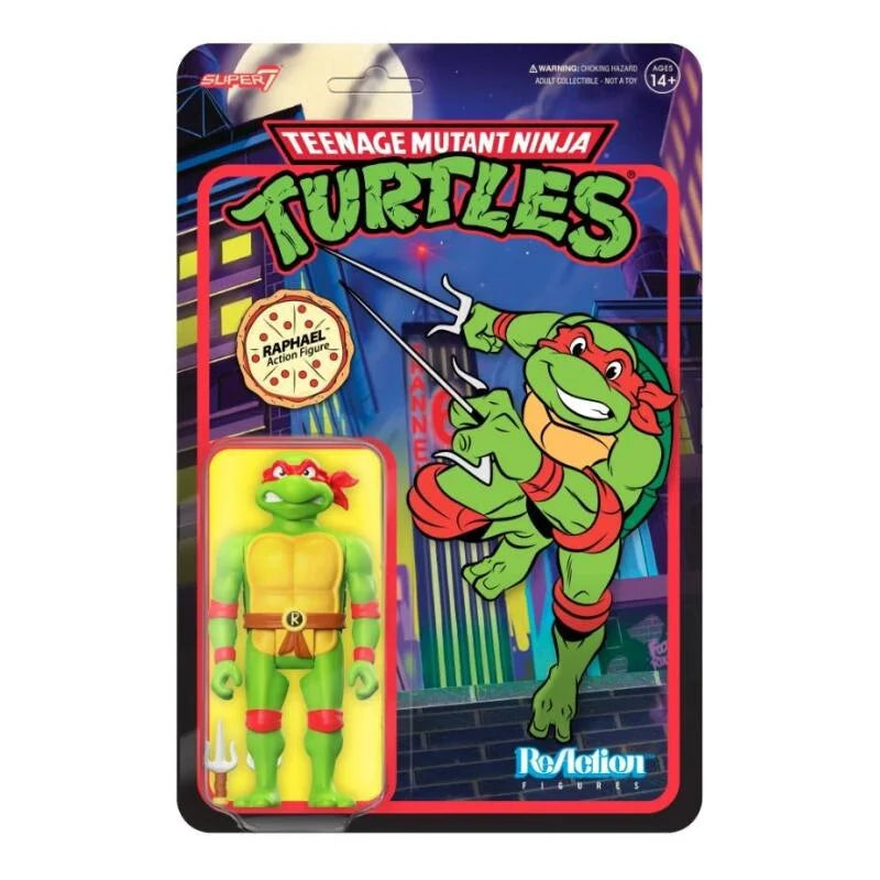 Super7 TMNT: Raphael (Toon) ReAction Figure by Super7 in packaging, featuring a card with cartoon Raphael jumping with swords and the classic Teenage Mutant Ninja Turtles logo at the top.