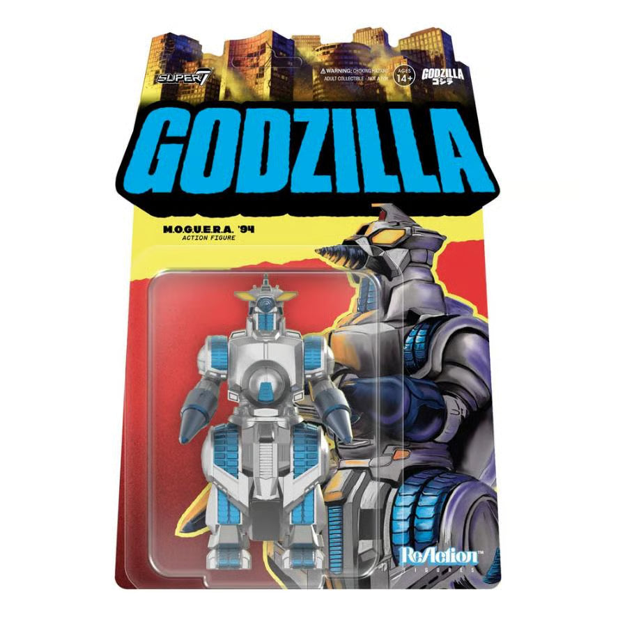 The Super7 TOHO: M.O.G.U.E.R.A. ReAction 3.75” Figure comes in a plastic display case with colorful Wave 9 packaging featuring the Godzilla logo, cityscape, and illustrated Moguera. Recommended for ages 14+.