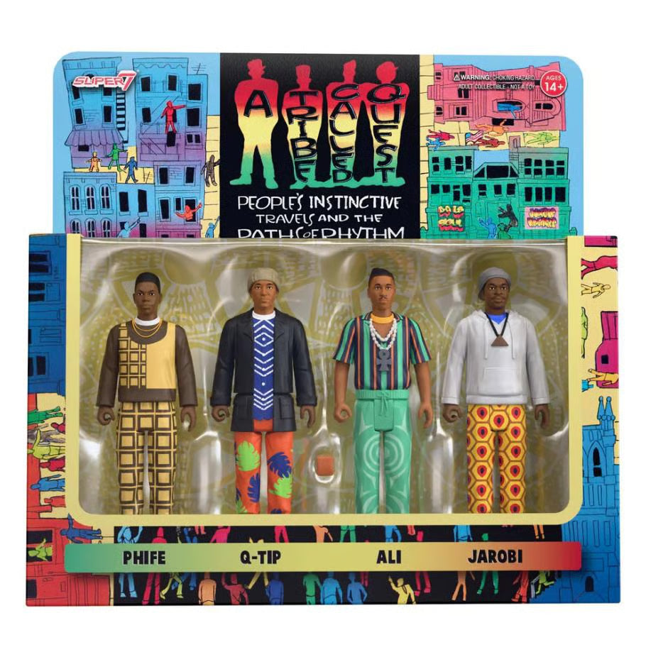 The Super7 A Tribe Called Quest: Wave 1 4-Figure Set features Phife, Q-Tip, Ali, and Jarobi in colorful outfits with album cover-inspired packaging—a must-have collectible for fans of alternative hip-hop and jazz rap.
