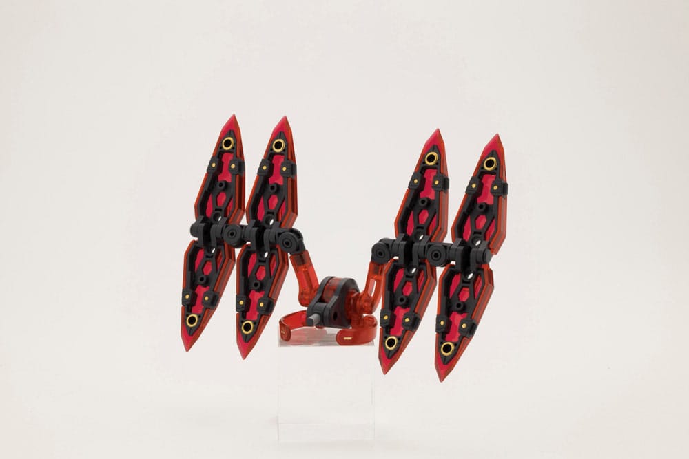 A custom mecha using Kotobukiya M.S.G. Heavy Weapon Unit 44 Exceed Binder 2 Black Ver.: interlocking red/black parts, yellow circles, four blade-like wings on a jointed base, displayed on a clear stand and inspired by Exceed Binder 2.