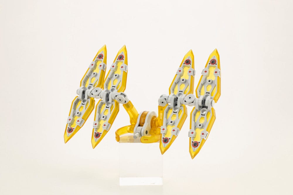 The Kotobukiya M.S.G. Heavy Weapon Unit 45 Exceed Binder 2 White Ver. (Non-Scale) features four pointed wings and is displayed on a clear stand, perfect for mecha customization or Frame Arms compatibility.