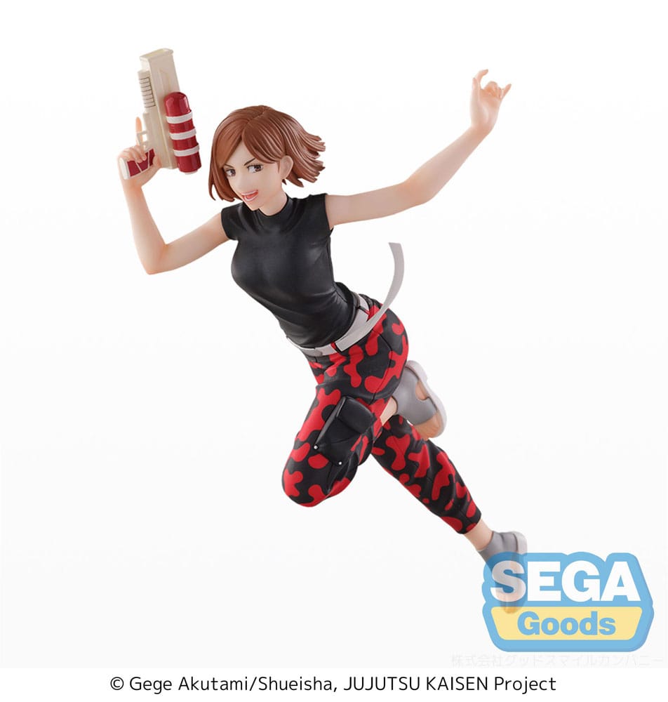 The SEGA Jujutsu Kaisen Splash×Battle Nobara Kugisaki PVC Statue (18 cm) features Nobara in action with a red and white hammer, black shirt, red camo pants, and displays the SEGA Goods logo in the bottom right corner.