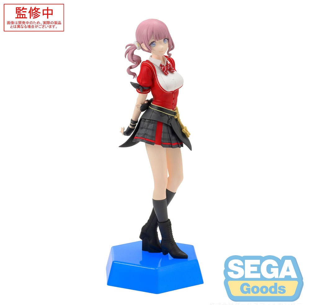 The SEGA Hatsune Miku: Colorful Stage! Desktop x Decorate Collections Mochizuki Honami PVC Statue (16 cm) features Honami in a red and black school uniform with black boots, on a blue hexagonal base. SEGA logo at the bottom right.