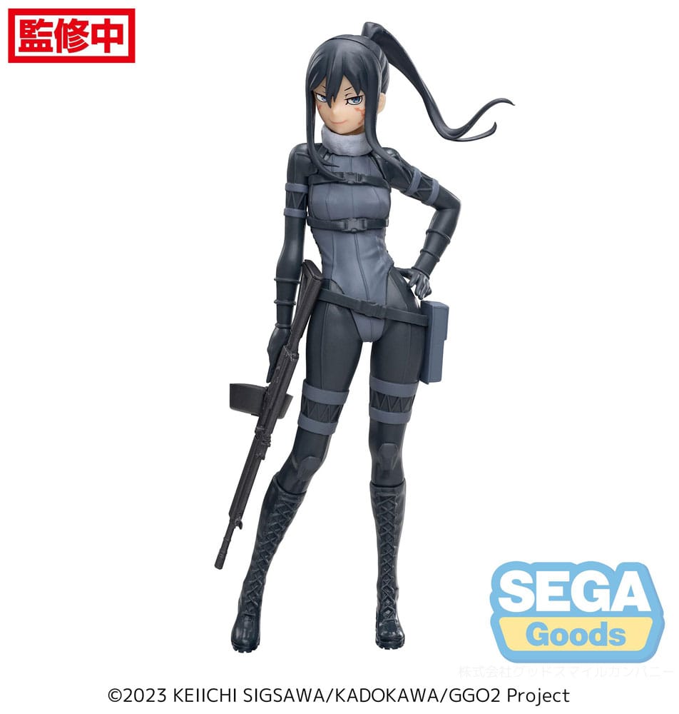 The SEGA Sword Art Online Alternative Gun Gale Online II Pitohui Luminasta PVC Statue (21 cm) features the female character Pitohui in a black tactical outfit with a long ponytail and rifle, displayed on a white background with brand logos.