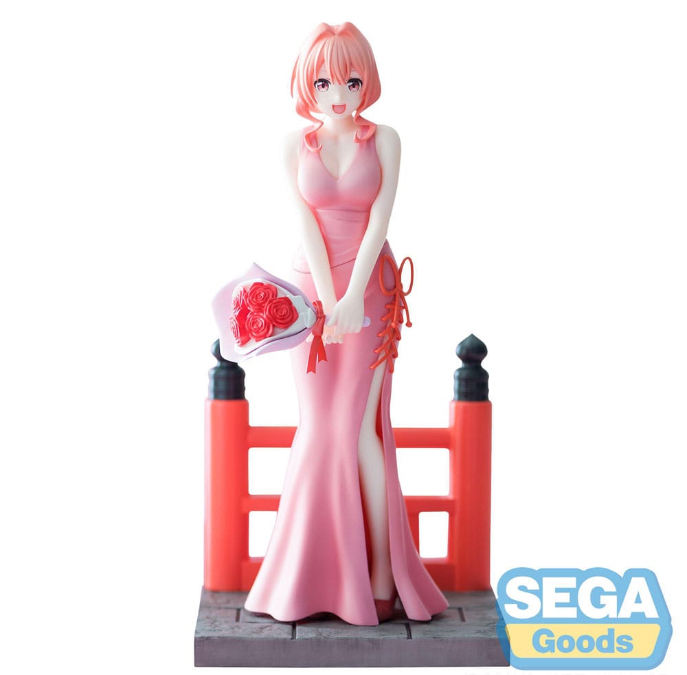 The SEGA Tying the Knot with an Amagami Sister Luminasta Yuna Amagami PVC Statue (19 cm) features Yuna with pink hair in a long pink dress, holding roses by a red railing, and displays the SEGA Goods logo on the lower right.