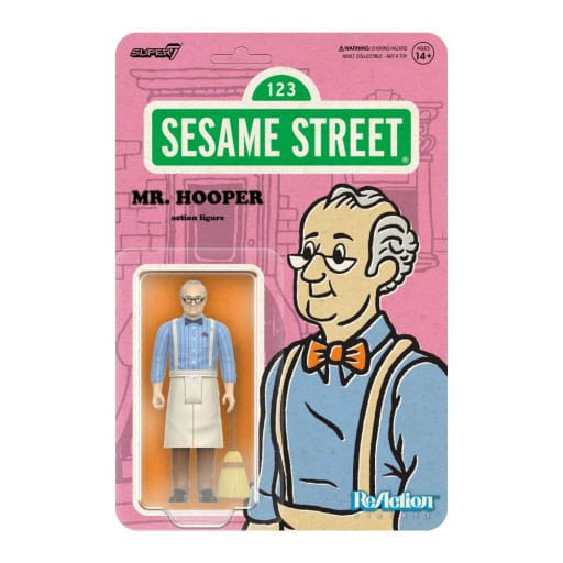 The Super7 Sesame Street: Mr. Hooper (Wave 3) 3.75” Figure is a collectible packaged on a pink card with an illustration of Mr. Hooper in glasses, blue shirt, bow tie, suspenders, apron, plus Sesame Street and Mr. Hooper text.