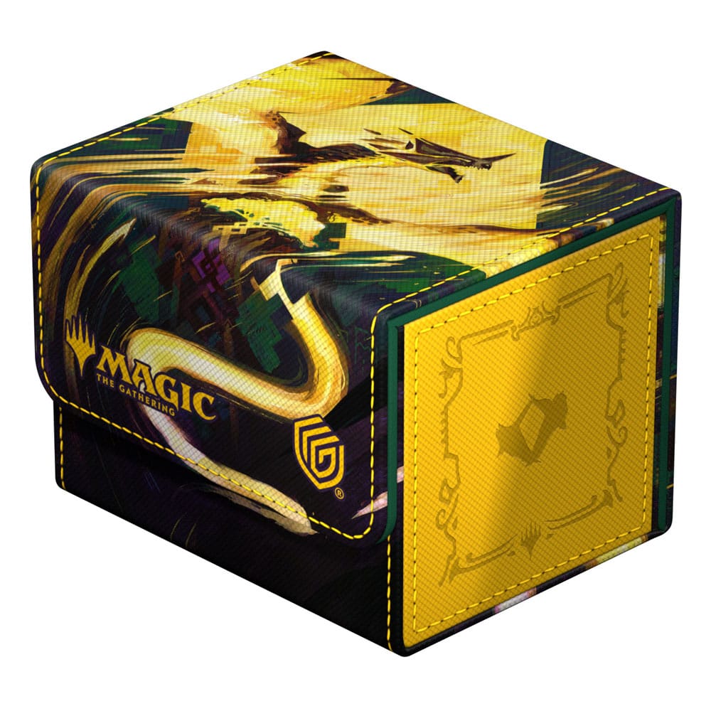 The Ultimate Guard Sidewinder 100+ Xenoskin: Magic: The Gathering "Tarkir: Dragonstorm" – Eerie Ultimatum Deck Box features a small rectangular shape, yellow and black design with dragons, plus an abstract yellow emblem on the front.