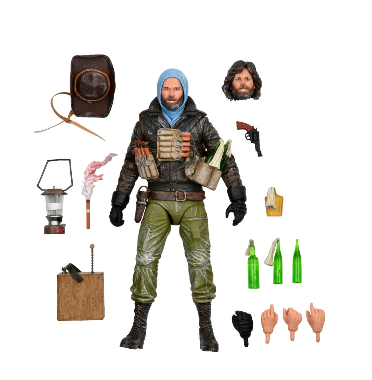 The NECA The Thing R.J. MacReady Last Stand Ultimate Action Figure (7 inch) features a bearded Kurt Russell in winter gear, with alternate hands, hat, lantern, bottles, pistol, wooden board, extra head, and dynamite—ideal for collectors.